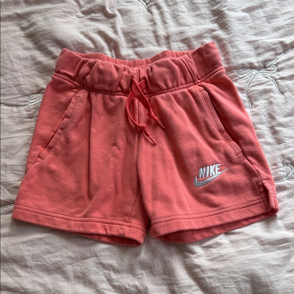Nike Women's Coral-Red Terry Drawstring Athletic Shorts